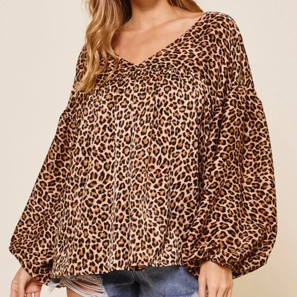 012 Boho Leopard Print Loose Fit Babydoll Top - Picture 5 of 6